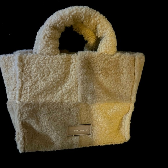 BCBGeneration Beige Patchwork Faux Fur Mixed Media Boxed Satchel Small Tote - Picture 1 of 11